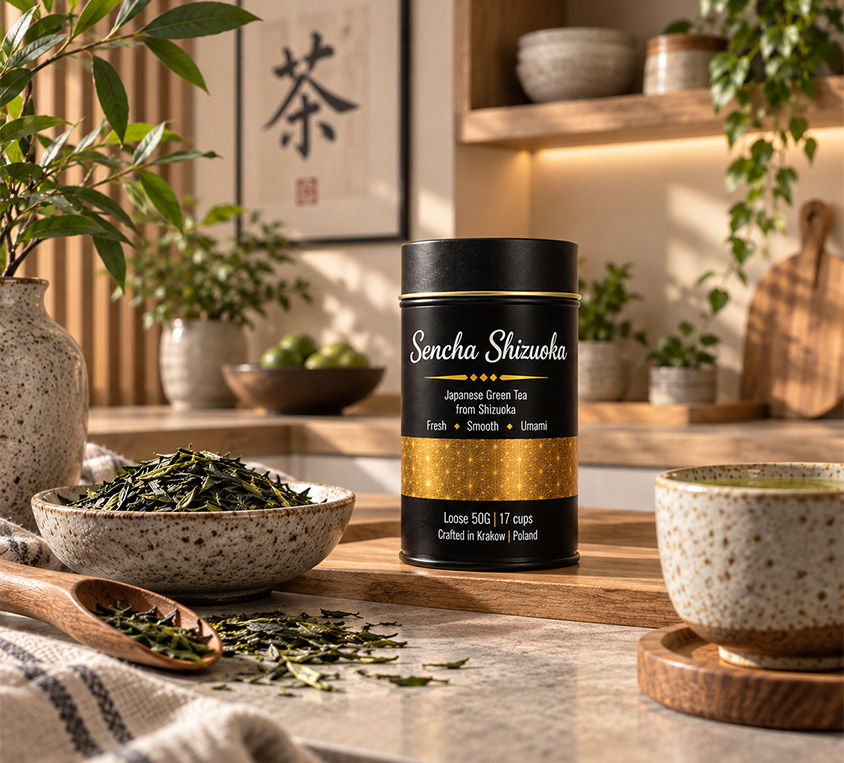 Sencha Shizuoka Leo Tea – japońska zielona herbata liściasta w metalowej puszce 50g